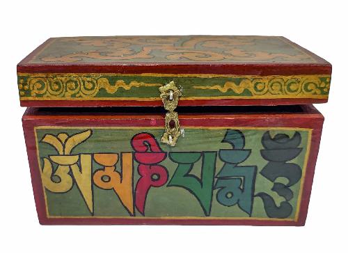 Tibetan Ritual Wooden Omph Box, Traditional Color Painted