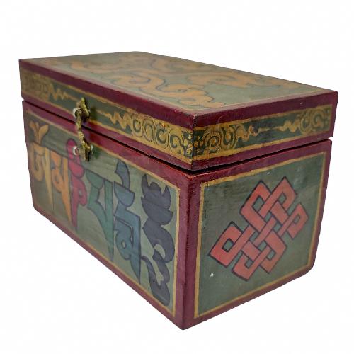 Tibetan Ritual Wooden Omph Box, Traditional Color Painted