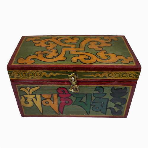 Tibetan Ritual Wooden Omph Box, Traditional Color Painted