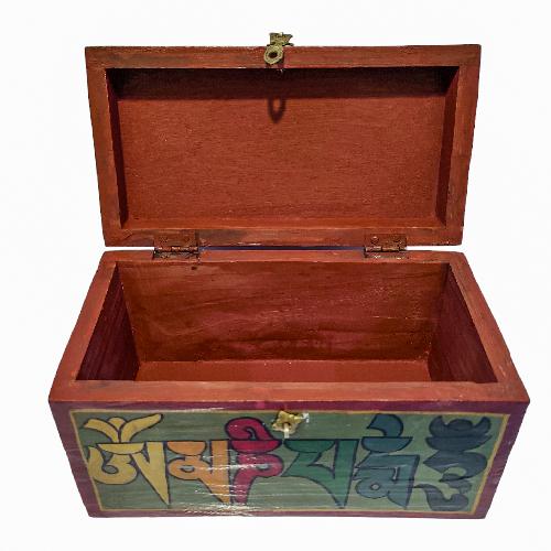 Tibetan Ritual Wooden Omph Box, Traditional Color Painted