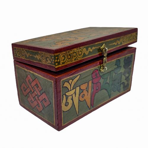 Tibetan Ritual Wooden Omph Box, Traditional Color Painted