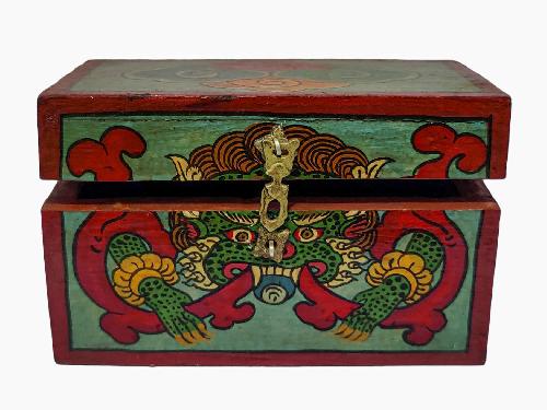 Tibetan Ritual Wooden Cheppu Box, Traditional Color Painted