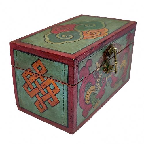 Tibetan Ritual Wooden Cheppu Box, Traditional Color Painted