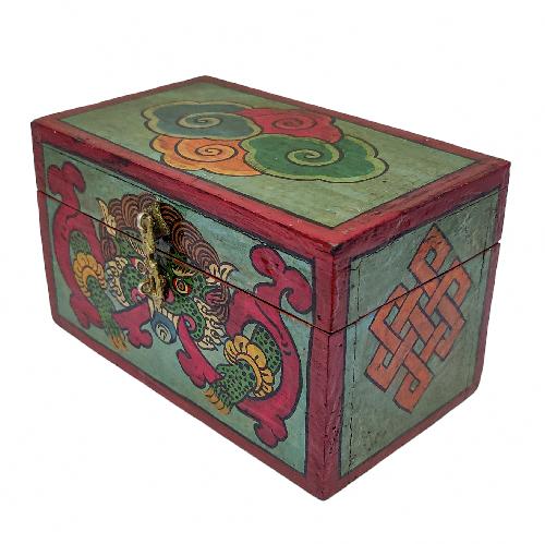 Tibetan Ritual Wooden Cheppu Box, Traditional Color Painted