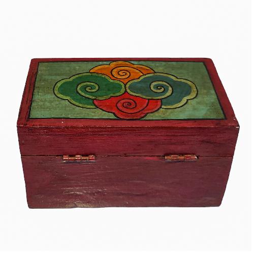 Tibetan Ritual Wooden Cheppu Box, Traditional Color Painted