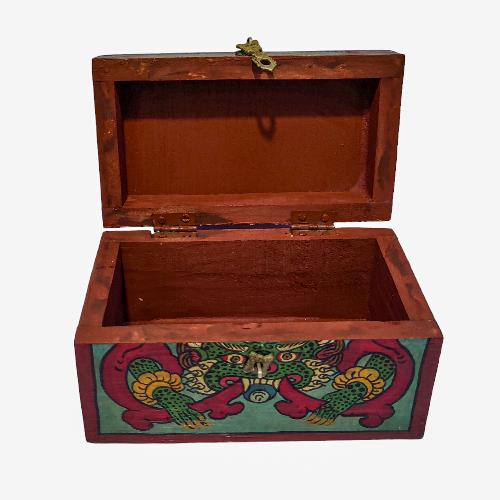 Tibetan Ritual Wooden Cheppu Box, Traditional Color Painted