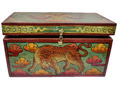 Tibetan Ritual Wooden Tiger Box, Traditional Color Painted