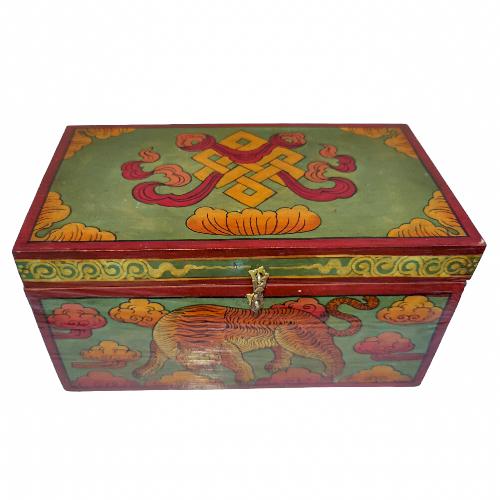 Tibetan Ritual Wooden Tiger Box, Traditional Color Painted