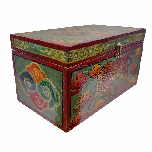 Tibetan Ritual Wooden Tiger Box, Traditional Color Painted