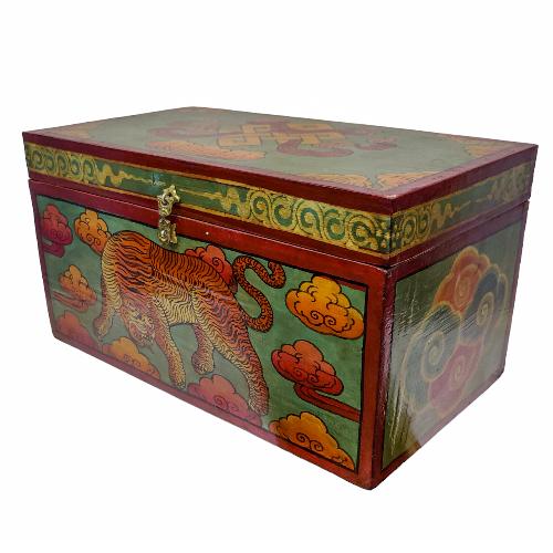 Tibetan Ritual Wooden Tiger Box, Traditional Color Painted