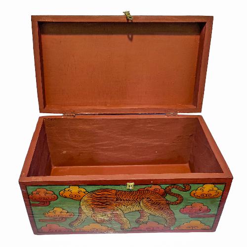 Tibetan Ritual Wooden Tiger Box, Traditional Color Painted