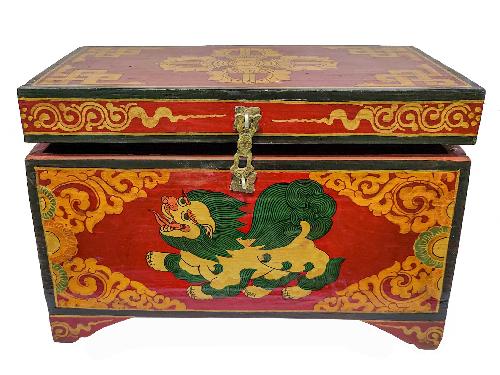 Tibetan Ritual Wooden Snow Lion Box, Traditional Color Painted