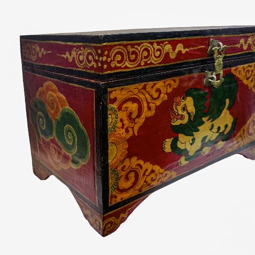 Tibetan Ritual Wooden Snow Lion Box, Traditional Color Painted