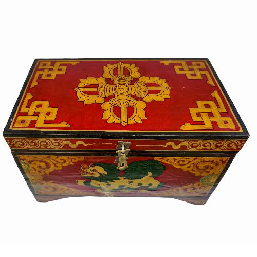 Tibetan Ritual Wooden Snow Lion Box, Traditional Color Painted