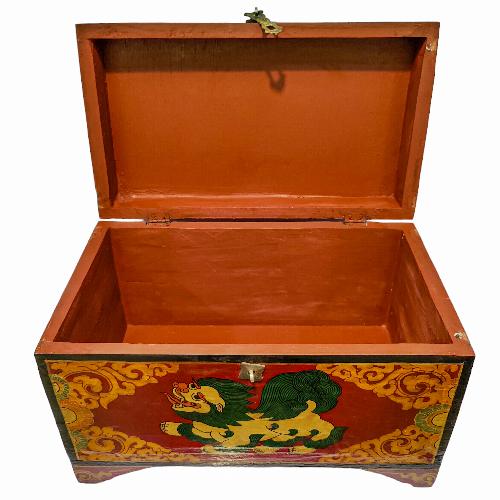 Tibetan Ritual Wooden Snow Lion Box, Traditional Color Painted