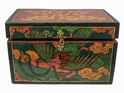 Tibetan Ritual Wooden Cheppu Box, Traditional Color Painted