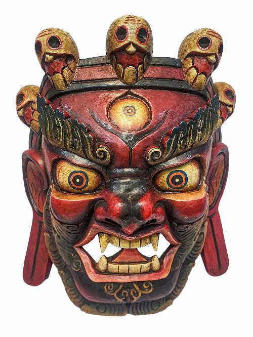 [bhairav], Handmade Wooden Mask, Wall Hanging, [painted Red], Poplar Wood, Mahakala Two Arms