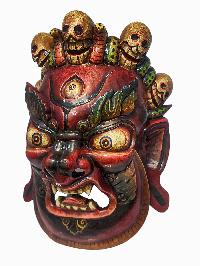 [bhairav], Handmade Wooden Mask, Wall Hanging, [painted Red], Poplar Wood, Mahakala Two Arms