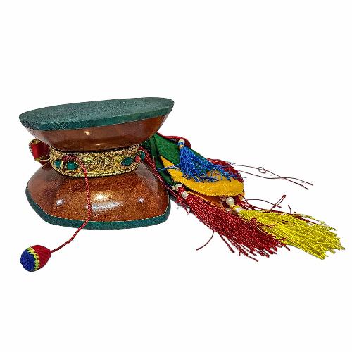 Tibetan Chod Damaru - Wooden And Leather, With Brocade Damaru Drum Cover And Damaru Brocade Tail