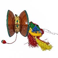 Tibetan Chod Damaru - Wooden And Leather, With Brocade Damaru Drum Cover And Damaru Brocade Tail