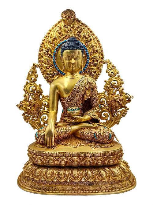 [shakyamuni Buddha] On Throne, [master Quality] Buddhist Handmade Statue, [face Painted], [silver Setting] And [gold Plated]