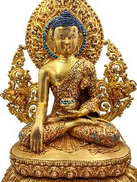 [shakyamuni Buddha] On Throne, [master Quality] Buddhist Handmade Statue, [face Painted], [silver Setting] And [gold Plated]