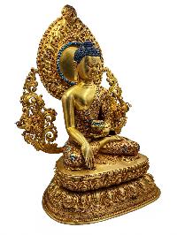 [shakyamuni Buddha] On Throne, [master Quality] Buddhist Handmade Statue, [face Painted], [silver Setting] And [gold Plated]