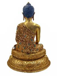 [shakyamuni Buddha] On Throne, [master Quality] Buddhist Handmade Statue, [face Painted], [silver Setting] And [gold Plated]