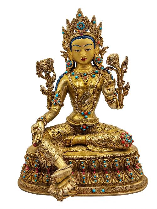 [green Tara], [master Quality] With Double Base, Buddhist Handmade Statue, [face Painted], [stone Setting] And [gold Plated]