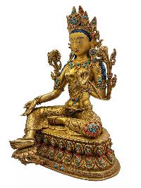 [green Tara], [master Quality] With Double Base, Buddhist Handmade Statue, [face Painted], [stone Setting] And [gold Plated]