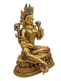 [green Tara], [master Quality] With Double Base, Buddhist Handmade Statue, [face Painted], [stone Setting] And [gold Plated]