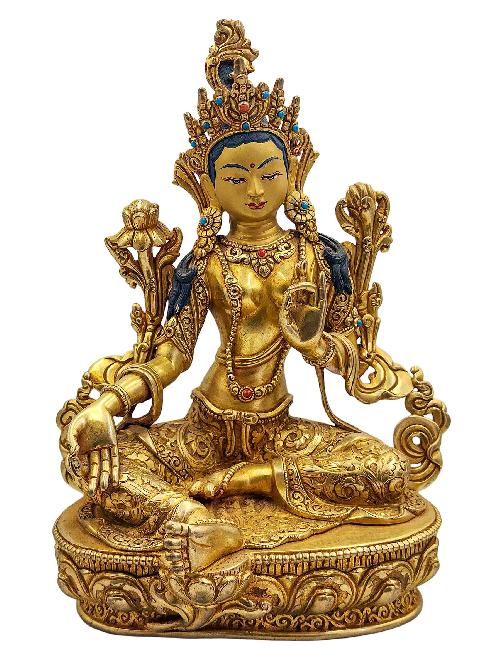 [green Tara], Buddhist Handmade Statue, [face Painted], [stone Setting] And [gold Plated]