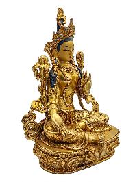 [green Tara], Buddhist Handmade Statue, [face Painted], [stone Setting] And [gold Plated]