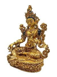 [green Tara], Buddhist Handmade Statue, [face Painted], [stone Setting] And [gold Plated]