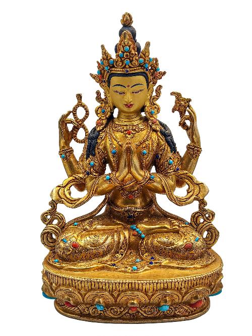 [chenrezig], Buddhist Handmade Statue, [face Painted], [stone Setting] And [gold Plated]