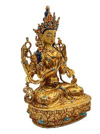 [chenrezig], Buddhist Handmade Statue, [face Painted], [stone Setting] And [gold Plated]