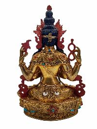 [chenrezig], Buddhist Handmade Statue, [face Painted], [stone Setting] And [gold Plated]