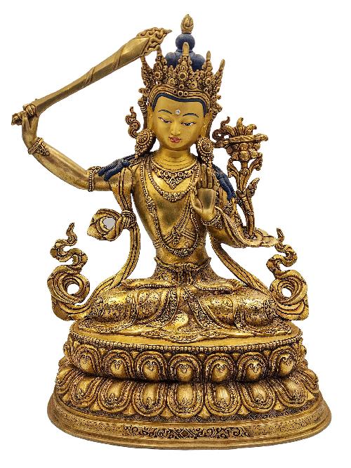 [manjushree], Buddhist Handmade Statue With Double Base, [face Painted] And [gold Plated]