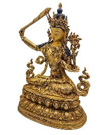 [manjushree], Buddhist Handmade Statue With Double Base, [face Painted] And [gold Plated]