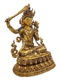 [manjushree], Buddhist Handmade Statue With Double Base, [face Painted] And [gold Plated]