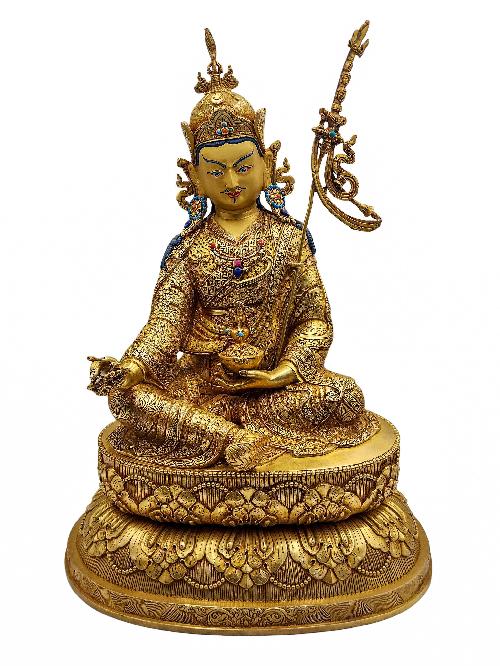 [padmasambhava], Buddhist Handmade Statue, [face Painted], [stone Setting] And [gold Plated]