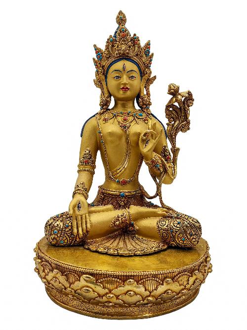 [white Tara], Buddhist Handmade Statue, [face Painted], [stone Setting] And [gold Plated]