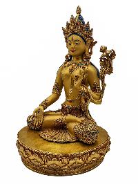 [white Tara], Buddhist Handmade Statue, [face Painted], [stone Setting] And [gold Plated]