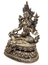 Real Silver [green Tara], [master Quality], Buddhist Statue, [silver Statue Stone Setting], [rare Find]