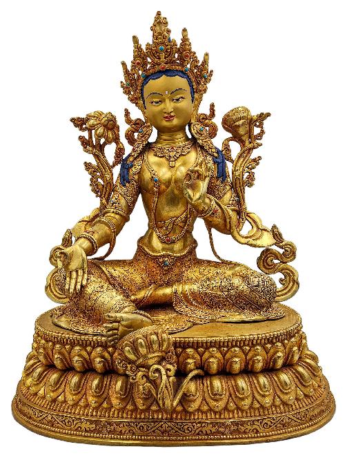 [green Tara], Buddhist Handmade Statue, [face Painted] And [gold Plated], [high Quality]