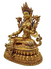 [green Tara], Buddhist Handmade Statue, [face Painted] And [gold Plated], [high Quality]