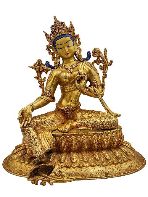 [green Tara], Buddhist Handmade Statue With Double Base, [face Painted] And [gold Plated], [high Quality]