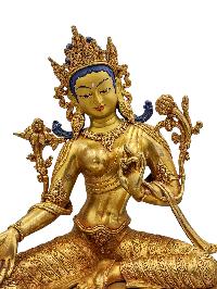 [green Tara], Buddhist Handmade Statue With Double Base, [face Painted] And [gold Plated], [high Quality]