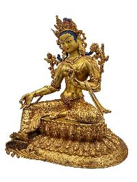 [green Tara], Buddhist Handmade Statue With Double Base, [face Painted] And [gold Plated], [high Quality]