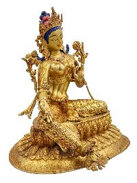 [green Tara], Buddhist Handmade Statue With Double Base, [face Painted] And [gold Plated], [high Quality]